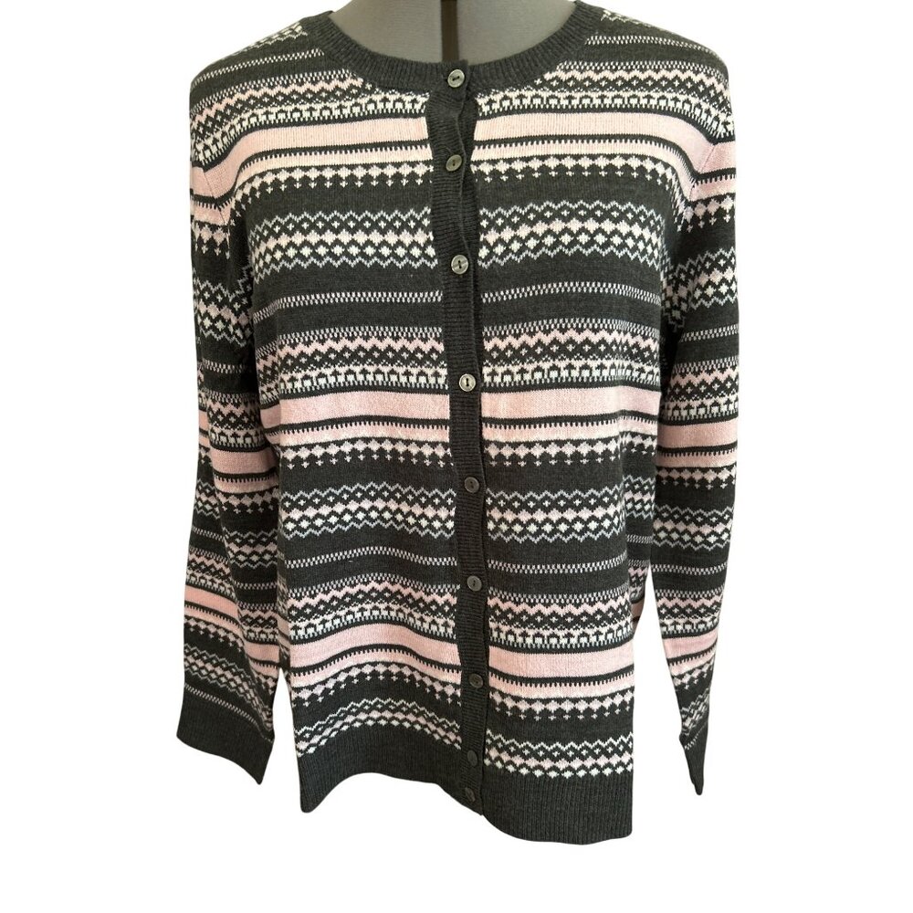 croft & barrow Charcoal Gray and Light Pink Patterned Cardigan